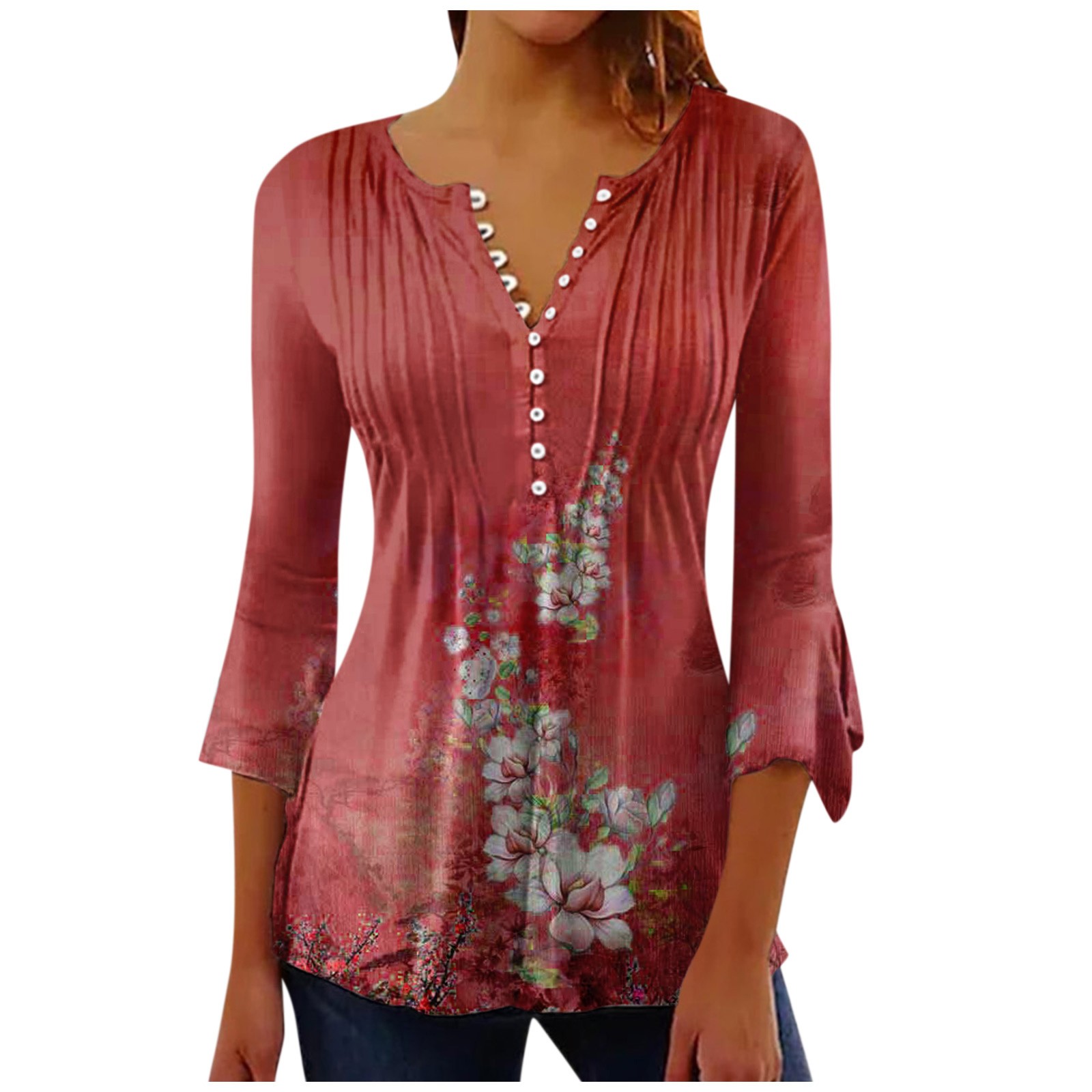 EHTMSAK Three-Quarter Sleeve Shirt Women Button Down Shirts with Sleeves Henly Tops for Ladies Floral Ladies Dressy Tunic Tops Red M